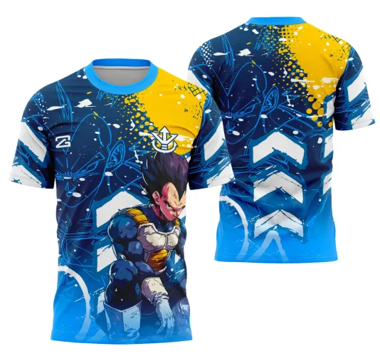Camisa azul e amarela com ilustração de Vegeta na frente, em pose curvada, armadura detalhada em azul e amarelo. Costas mostram contorno do personagem em azul claro, com setas brancas e fundos coloridos, texto INTER CLASSE e JOGADOR presentes.