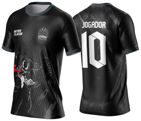 Camisa preta com degradê cinza escuro e estampa frontal do Venom com língua vermelha, texto INTER CLASSE e escudo VENOM. Nas costas, o texto JOGADOR e número 10 em branco sobre fundo preto com nuances cinza.