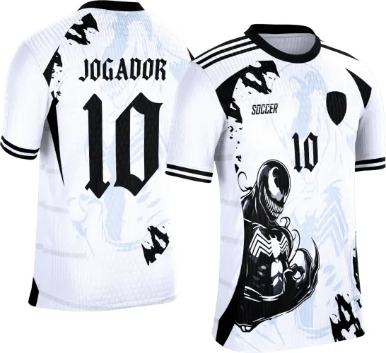 Camisa branca com detalhes pretos, figura do Venom em destaque na parte frontal direita, número 10 em preto na frente e nas costas, texto JOGADOR nas costas acima do número, gola e mangas pretas com faixas pretas, escudo preto frontal sem detalhes.