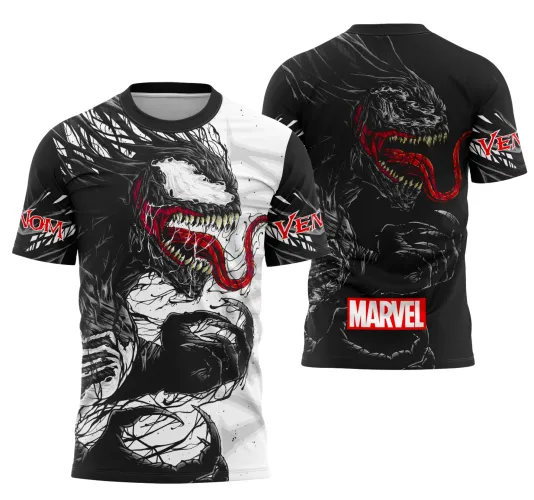 Camisa com figura intensa do Venom na frente em preto e branco com língua vermelha, fundo dividido; costas em preto com o Venom mostrando dentes e língua vermelha e logo MARVEL, texto VENOM nas mangas.