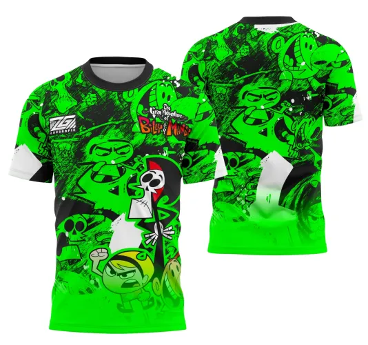 Camisa verde neon com fundo preto e branco, frontal com mascote Grim e personagens Billy e Mandy, costas com arte similar focada nos personagens em pose dinâmica e texto INTER CLASSE na manga