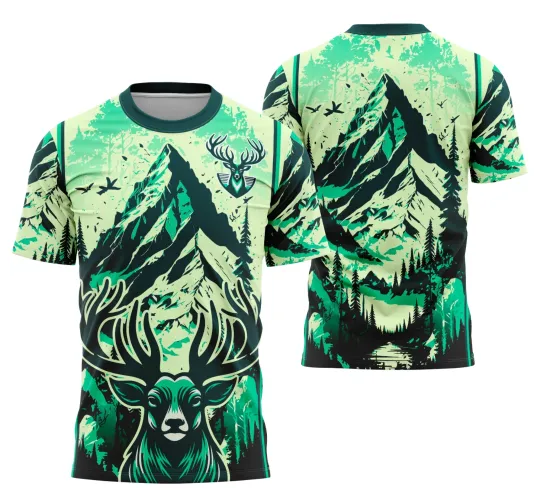 Camisa verde com arte frontal de cabeça de cervo em verde escuro e claro, símbolo de cervo no peito, montanhas e árvores no fundo; costas exibem montanha com floresta e pássaros, detalhes e textos 'INTER CLASSE', 'JOGADOR' e número 20 na manga