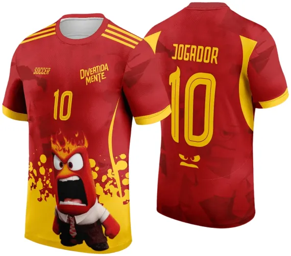 Camisa vermelha com detalhes amarelos nas mangas e ombros. Frente mostra personagem raivoso em chamas, número 10, texto SOCCER e DIVERTIDA MENTE. Costas têm nome JOGADOR, número 10 e expressão facial em amarelo, fundo com degradê vermelho.
