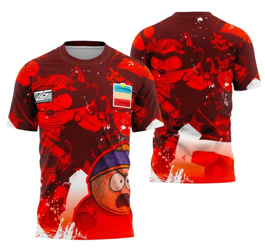 Camisa vermelha com mascote Cartman em destaque na frente e nas costas, fundo com degradê laranja na parte inferior e manchas brancas. Texto JOGADOR, INTER CLASSE e TERCEIRÃO ao fundo na parte traseira.