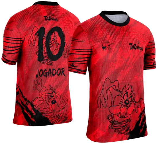 Camisa vermelha vibrante com ilustração preta do personagem Taz em pose forte na frente, texto TAZMANIA no peito, e nas costas número 10, nome JOGADOR e Taz maior ao fundo com detalhes em listras pretas nas mangas.