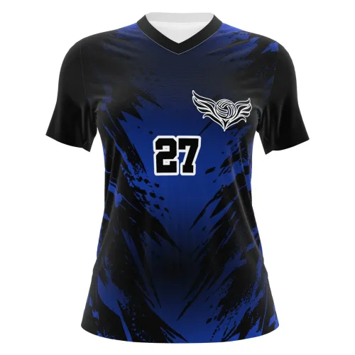 Camisa de vôlei feminina com estampa azul royal e preto em padrão abstrato, nome e número grandes nas costas, além de detalhe esportivo na frente, cobrindo toda a peça.