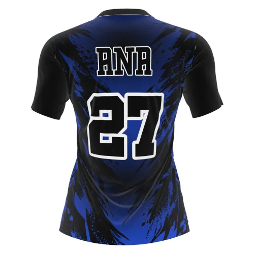 Camisa de vôlei feminina com estampa azul royal e preto em padrão abstrato, nome e número grandes nas costas, além de detalhe esportivo na frente, cobrindo toda a peça.