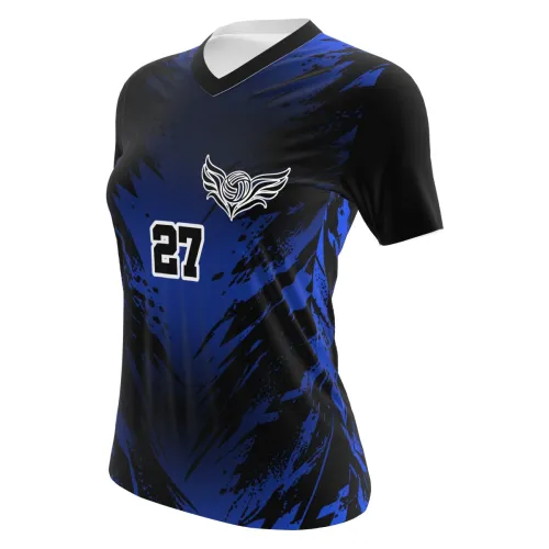 Camisa de vôlei feminina com estampa azul royal e preto em padrão abstrato, nome e número grandes nas costas, além de detalhe esportivo na frente, cobrindo toda a peça.