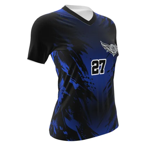 Camisa de vôlei feminina com estampa azul royal e preto em padrão abstrato, nome e número grandes nas costas, além de detalhe esportivo na frente, cobrindo toda a peça.