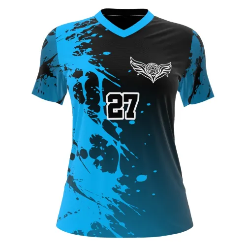 Camisa de vôlei feminina com estampa splash azul e preta, detalhes modernos, número grande na frente e nas costas, nome personalizado e gola azul, cobrindo toda a peça.