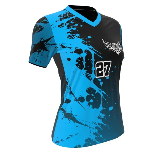 Camisa de vôlei feminina com estampa splash azul e preta, detalhes modernos, número grande na frente e nas costas, nome personalizado e gola azul, cobrindo toda a peça.