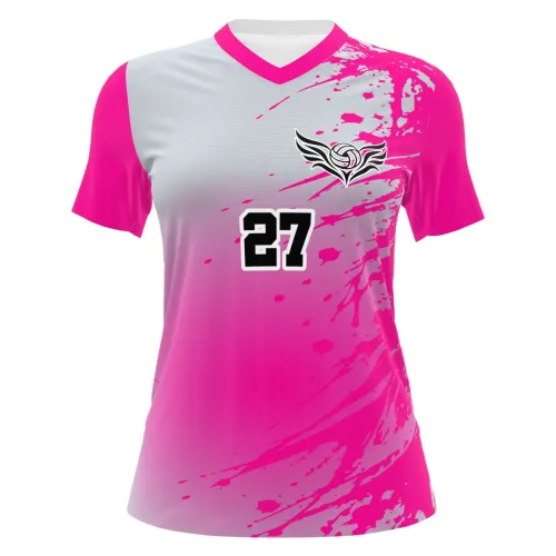 Camisa feminina de vôlei com estampa splash em tons de rosa e cinza, detalhes modernos, número grande nas costas e frente, nome personalizado e arte estilizada no peito.
