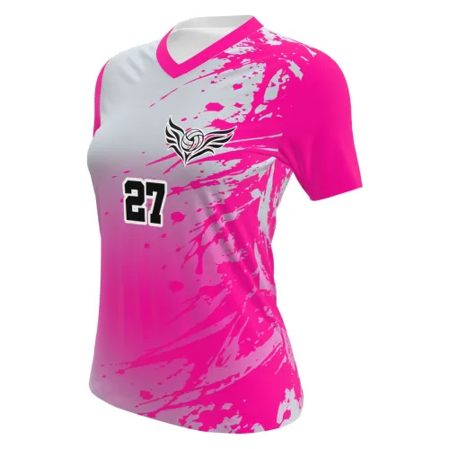 Camisa feminina de vôlei com estampa splash em tons de rosa e cinza, detalhes modernos, número grande nas costas e frente, nome personalizado e arte estilizada no peito.