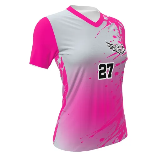 Camisa feminina de vôlei com estampa splash em tons de rosa e cinza, detalhes modernos, número grande nas costas e frente, nome personalizado e arte estilizada no peito.