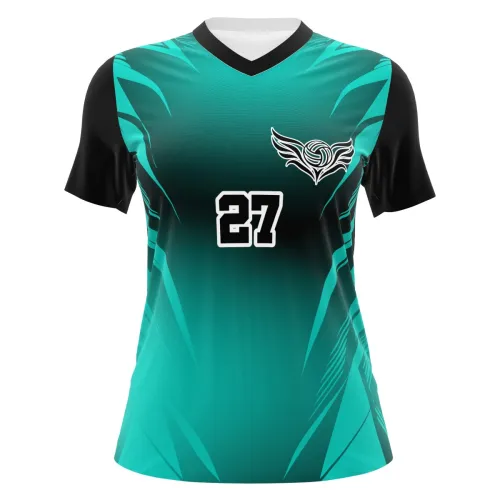 Camisa de vôlei feminina com design moderno em verde e preto, detalhes geométricos, mangas escuras e número grande na frente e nas costas, ideal para equipes esportivas.