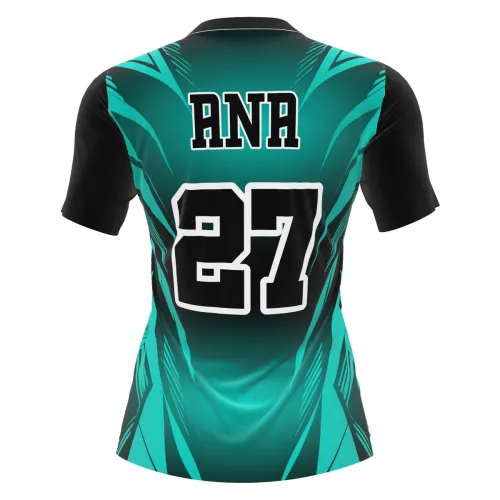 Camisa de vôlei feminina com design moderno em verde e preto, detalhes geométricos, mangas escuras e número grande na frente e nas costas, ideal para equipes esportivas.