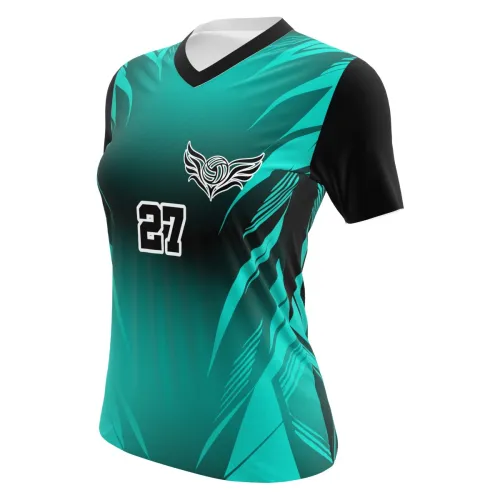 Camisa de vôlei feminina com design moderno em verde e preto, detalhes geométricos, mangas escuras e número grande na frente e nas costas, ideal para equipes esportivas.