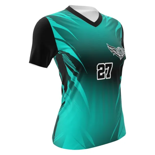 Camisa de vôlei feminina com design moderno em verde e preto, detalhes geométricos, mangas escuras e número grande na frente e nas costas, ideal para equipes esportivas.