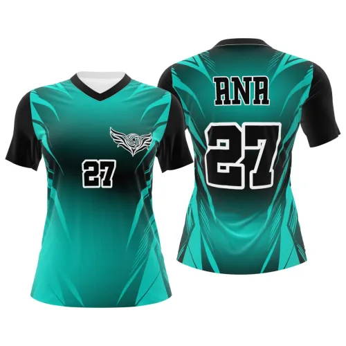 Camisa de vôlei feminina com design moderno em verde e preto, detalhes geométricos, mangas escuras e número grande na frente e nas costas, ideal para equipes esportivas.