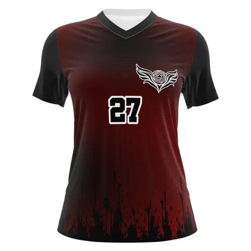 Camisa de vôlei feminina com design vinho e preto, mangas e gola escuras, detalhes modernos em preto na barra, número grande na frente e nas costas, e símbolo estilizado de vôlei no peito.