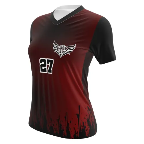Camisa de vôlei feminina com design vinho e preto, mangas e gola escuras, detalhes modernos em preto na barra, número grande na frente e nas costas, e símbolo estilizado de vôlei no peito.