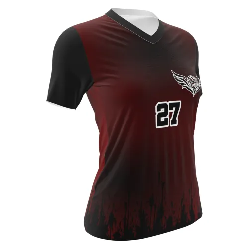 Camisa de vôlei feminina com design vinho e preto, mangas e gola escuras, detalhes modernos em preto na barra, número grande na frente e nas costas, e símbolo estilizado de vôlei no peito.