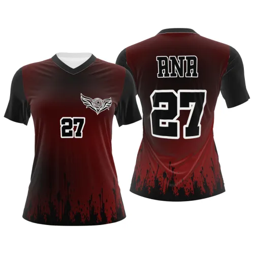 Camisa de vôlei feminina com design vinho e preto, mangas e gola escuras, detalhes modernos em preto na barra, número grande na frente e nas costas, e símbolo estilizado de vôlei no peito.