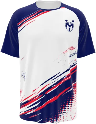 Camisa de vôlei branca com mangas azul-marinho e pinceladas tricolor vermelho, azul e branco