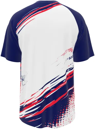 Camisa de vôlei branca com mangas azul-marinho e pinceladas tricolor vermelho, azul e branco