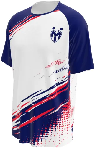 Camisa de vôlei branca com mangas azul-marinho e pinceladas tricolor vermelho, azul e branco