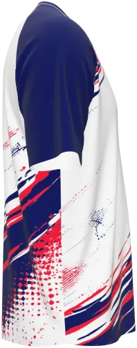 Camisa de vôlei branca com mangas azul-marinho e pinceladas tricolor vermelho, azul e branco