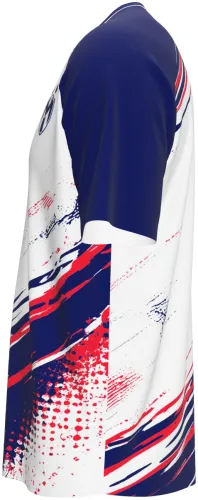 Camisa de vôlei branca com mangas azul-marinho e pinceladas tricolor vermelho, azul e branco
