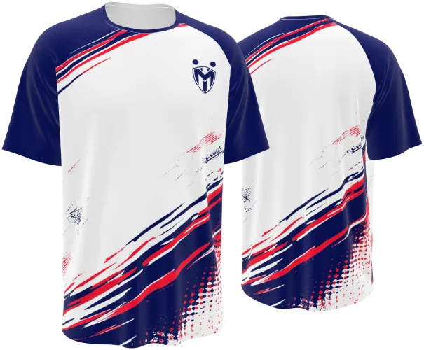 Camisa de vôlei branca com mangas azul-marinho e pinceladas tricolor vermelho, azul e branco