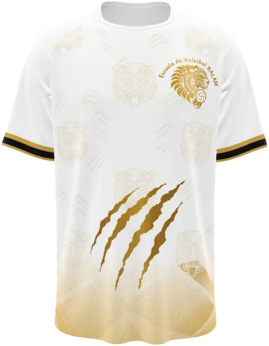 Camisa de vôlei branca e dourada com escudo de leão, garras e pontilhismo, frente e costas