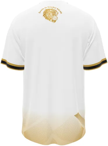Camisa de vôlei branca e dourada com escudo de leão, garras e pontilhismo, frente e costas
