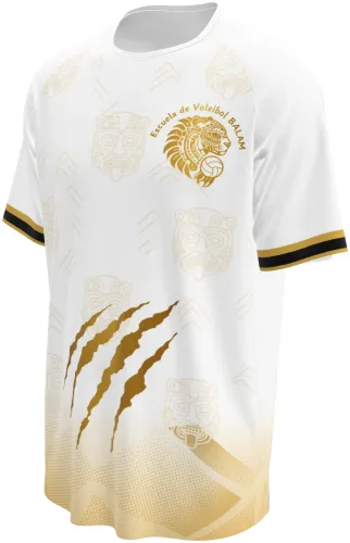 Camisa de vôlei branca e dourada com escudo de leão, garras e pontilhismo, frente e costas