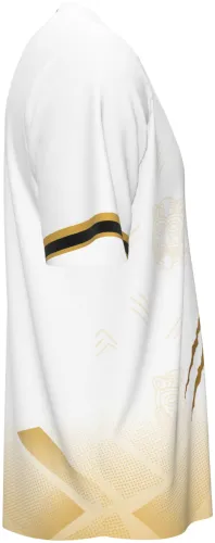 Camisa de vôlei branca e dourada com escudo de leão, garras e pontilhismo, frente e costas