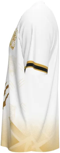 Camisa de vôlei branca e dourada com escudo de leão, garras e pontilhismo, frente e costas