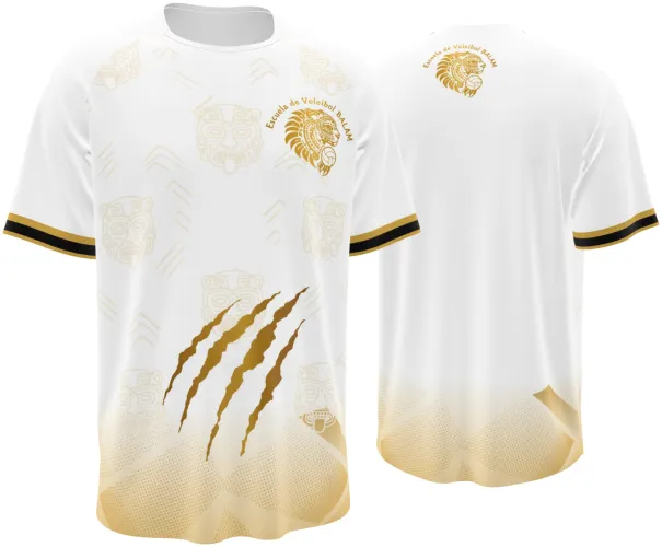 Camisa de vôlei branca e dourada com escudo de leão, garras e pontilhismo, frente e costas