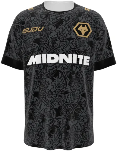 Camisa terceiro uniforme do Wolverhampton 2026 - 2027 preta com ornamento floral e escudo dourado, frente e costas