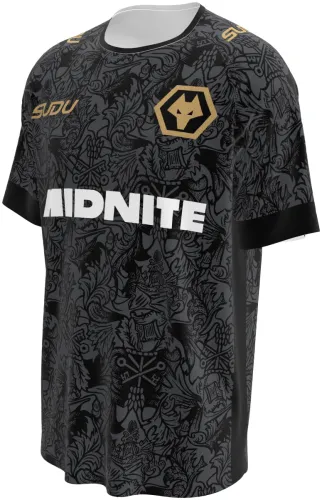Camisa terceiro uniforme do Wolverhampton 2026 - 2027 preta com ornamento floral e escudo dourado, frente e costas