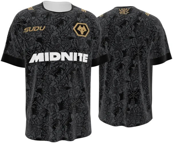 Camisa terceiro uniforme do Wolverhampton 2026 - 2027 preta com ornamento floral e escudo dourado, frente e costas