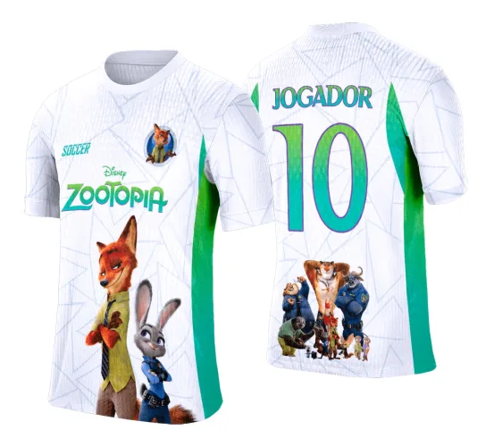 Camisa branca com laterais verdes, frente com Nick Wilde e Judy Hopps, texto Disney Zootopia, e costas com número 10, nome JOGADOR e personagens do filme Zootopia na parte inferior.