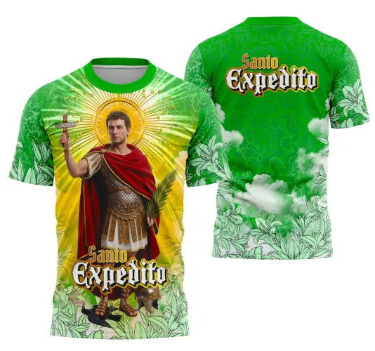Foto da camisa mostrando a imagem de Santo Expedito, com detalhes marcantes em cores vibrantes e design impactante.