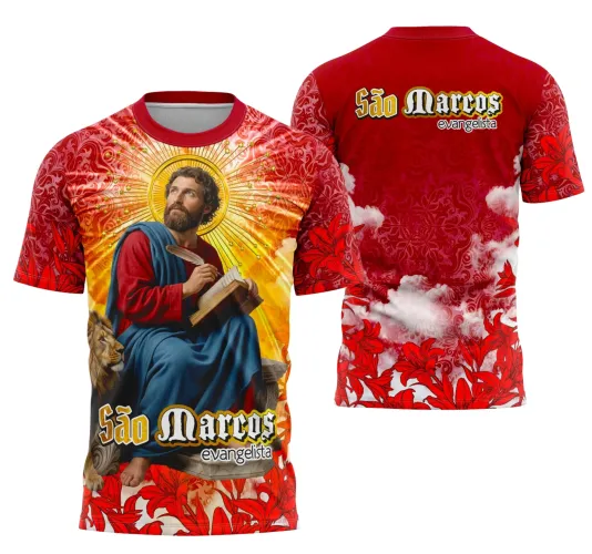 Camisa religiosa apresentando São Marcos com detalhes vibrantes em estilo tradicional