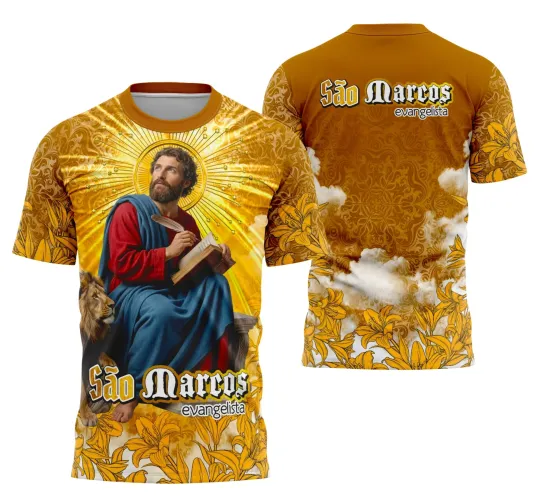 Foto da camisa que retrata São Marcos Evangelista em estilo religioso vibrante e moderno.