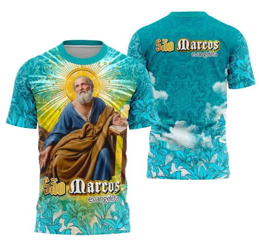 Foto da camisa destacando São Marcos Evangelista em design marcante e estilizado, perfeita para expressar fé com estilo e personalidade.