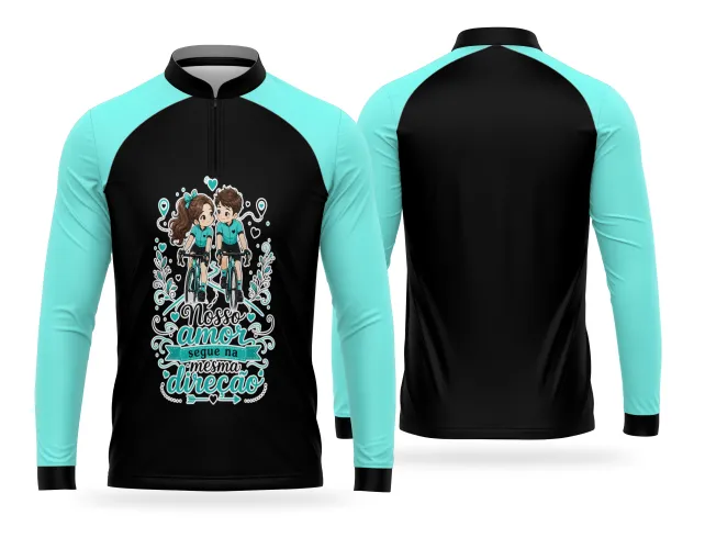 Camiseta de ciclismo com casal pedalando e frase nosso amor segue na mesma direção