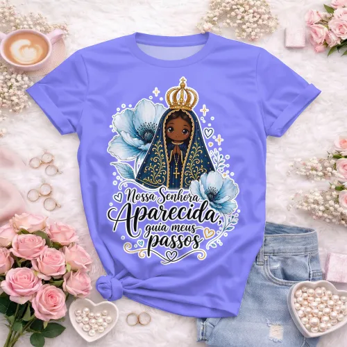 Estampa católica com Nossa Senhora Aparecida, corações, flores e frase religiosa