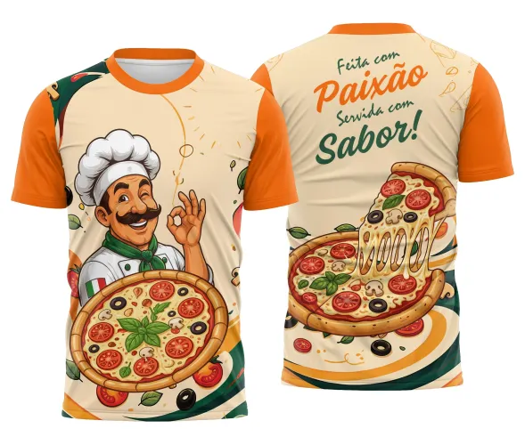 Camisa com logo no peito representando um chef pizzaiolo cartoon alegre, com estampa grande nas costas em tom vibrante de laranja destacando paixão pela pizza.
